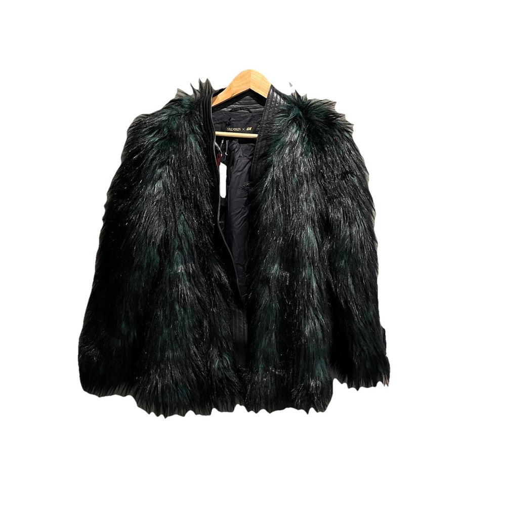 Balmain x H&M Black & Green Leather Trim Faux Fur Belted Women's Jacket Size 8